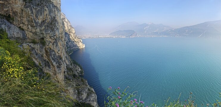 View of northern Lake Garda from the old coastal road and hiking trail Via Ponale, Riva del Garda, Lake Garda North, Trento, Trentino-Alto Adige, Italy