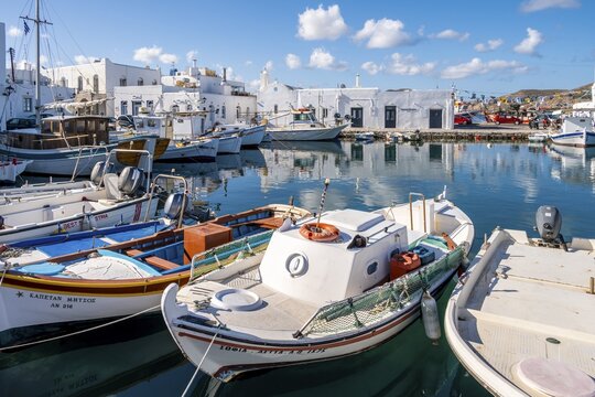 Harbour with fishing boats, Naoussa harbour town, Paros Island, Cyclades, Greece