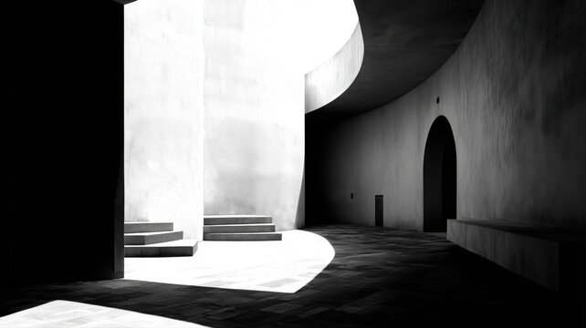白黒で撮影された曲線の壁と階段がある建築空間。モノクロのデザインや建築関連の資料に適したシーン