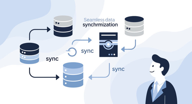 Man looking at database synchronization.