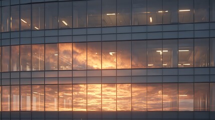 Fototapeta premium Close up view of office building windows reflecting a golden sunset sky with orange and grey