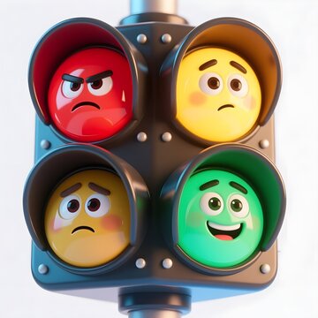 Anthropomorphic traffic light with emoji faces, expressive 3D character signal showing red anger and green joy, emotional road safety concept