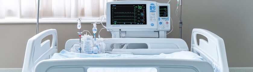 Fototapeta premium Empty hospital bed with illuminated patient monitor and IVs in a modern, sterile room, ready for critical care., Hospital, Medical Equipment