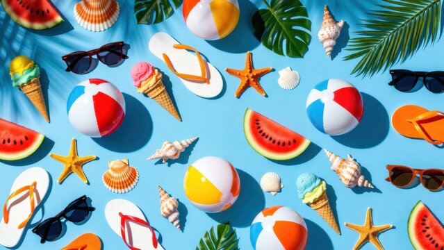 Summer beach items arranged on blue background surface