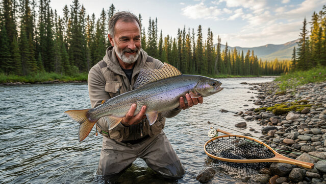 Man holding a large grayling fish in a river with forested mountains in the background. Mature fly fisherman showing catch in natural environment. Outdoor sport.