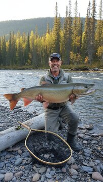 Happy man fly fisherman holding an enormous taimen fish on a rocky riverbank in taiga forest. Joyful angler with large catch.