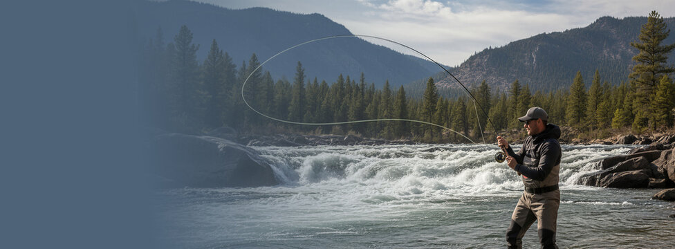 Man fly fishing in a wild river with mountains and pine trees in the background. Outdoor sport and recreation activity. Banner with copy space