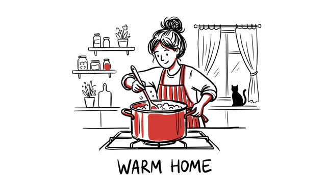 Woman cooking food in a pot on a stove in a kitchen 1.