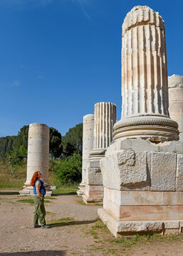 Female Tourist Admiring Fluted Marble Columns at Sardes Ancient City