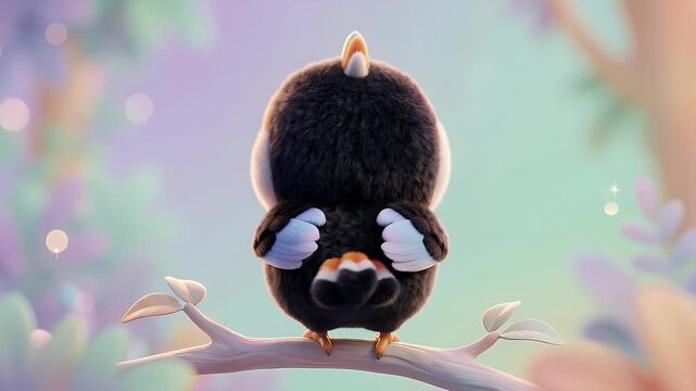 Cute cartoon bird with rainbow crest perched on branch in magical forest setting with soft glowing lights and pastel colors