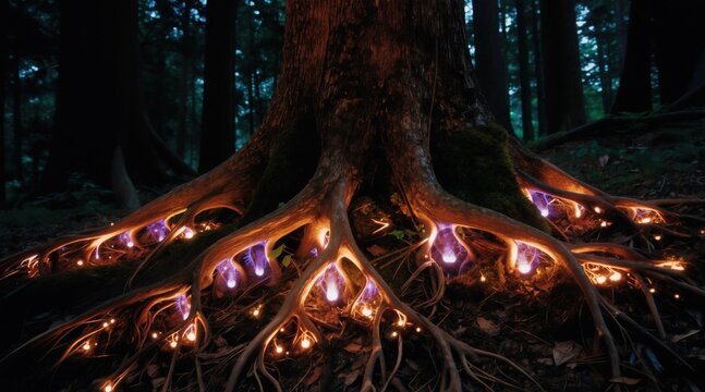 Tree roots glow with magical light in dark forest. Mystical nature scene with illuminated roots, fantasy forest floor. Peaceful, enchanting, vibrant woods.