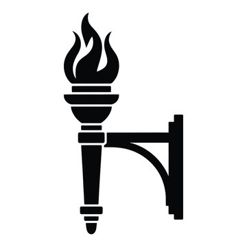 Wall mounted torch with flame and bracket black and white silhouette