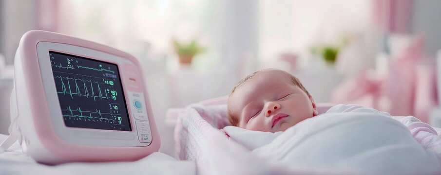 Sleeping newborn in a pink bassinet, closely monitored by a vital signs machine displaying ECG waveforms, conveying calm hospital neonatal care. ,Infant Health,Hospital