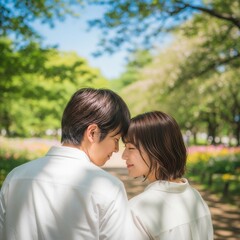 Naklejka premium 公園で寄り添い顔を近づける若い男女のカップル