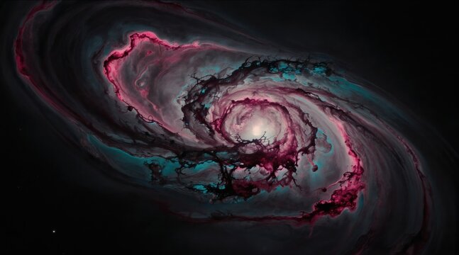 Abstract spiral nebula with pink and teal hues swirls in deep space. Dark cosmic dust clouds form ethereal galactic patterns. Celestial body glows brightly.