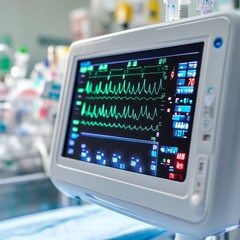 Fototapeta premium Vital signs monitor in ICU, close-up display of ECG waveforms and patient data, highlighting medical technology for critical care. ,Healthcare ,Hospital