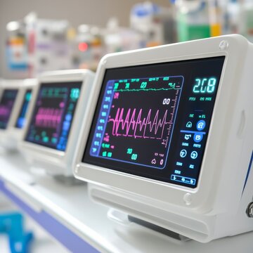 Vibrant vital signs monitor showing pink ECG waveforms and data in a clinical row, highlighting advanced medical technology for patient care and diagnostics, Hospital, ICU