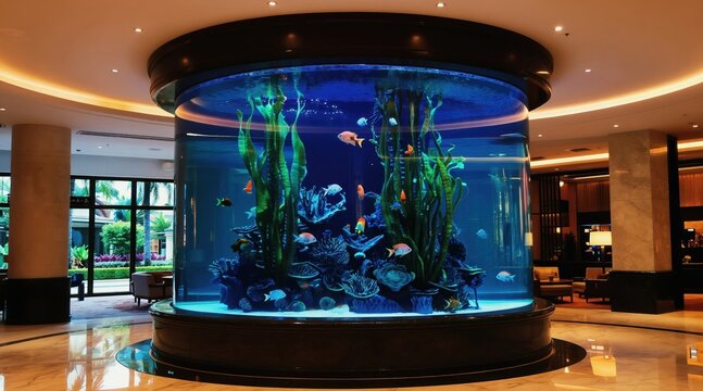 Tall cylinder fish tank with exotic fish and plants sits in a hotel lobby. The large aquarium has corals and glows with soft ambient light on a marble floor.