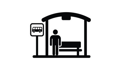 Bus stop with a waiting passenger and shelter simple black and white silhouette © rsvect02