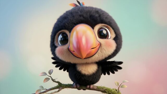 Cute cartoon penguin chick perched on mossy branch with soft pastel background and expressive eyes