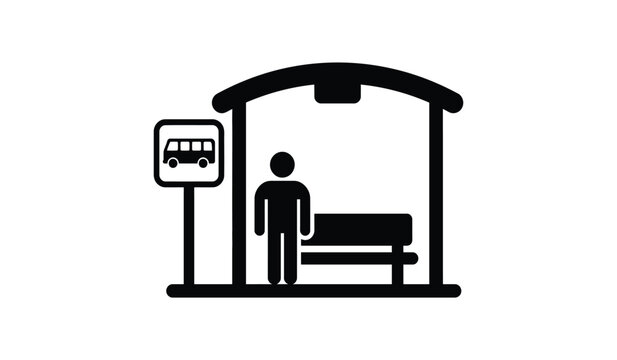 Bus stop with a waiting passenger and shelter simple black and white silhouette