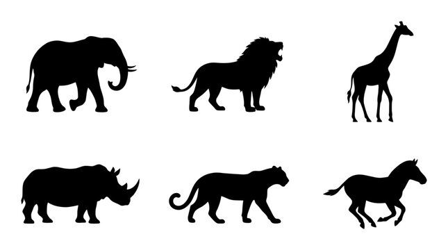 Safari animal silhouettes, a collection of six wild African wildlife vector icons, perfect for zoo designs or nature-themed projects