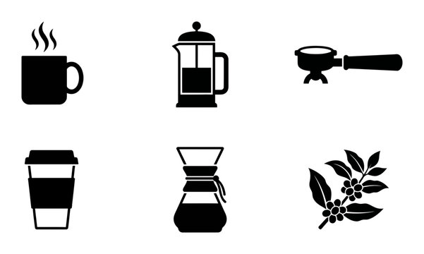 Coffee brewing icons, a minimalist black vector set of six coffee-related symbols, perfect for cafes, menus, or digital applications, illustrating various preparation methods and coffee beans