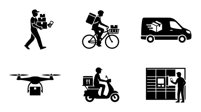 Modern delivery service vector icon set, black and white pictograms for logistics and shipping, courier transportation methods, and package pickup options, isolated on white background.