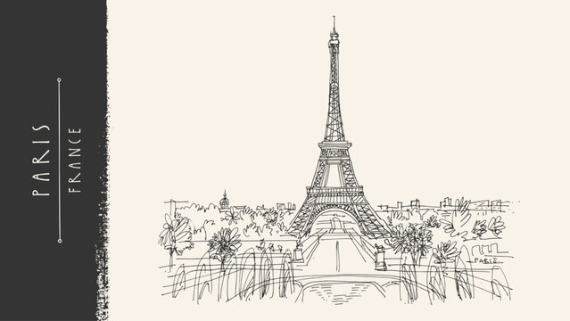 Paris France travel sketch. Eiffel Tower city skyline. Vintage park trees, roofs and river Seine. Handdrawn vector line illustration. Romantic European cityscape, old postcard bg. Engraved ink artwork