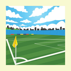 Soccer field corner with flag and stadium seating under blue sky with clouds. © Tasnimul