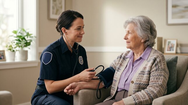 Elderly medical emergency, Vital signs check, Senior patient care, Paramedic home visit, Compassionate healthcare, Assisted living scene, Portrait
