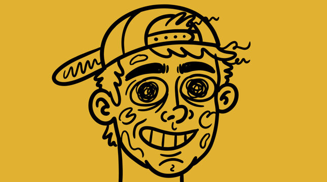Cartoon character with a baseball cap and wide eyes.