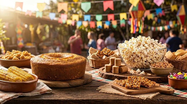Colorful Brazilian Festa Junina sweets table with candy apples, peanut brittle, sweet popcorn and pa&ccedil;oca