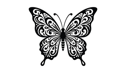 Intricate ornamental butterfly with swirling patterns and detailed wings black silhouette © rsvect02