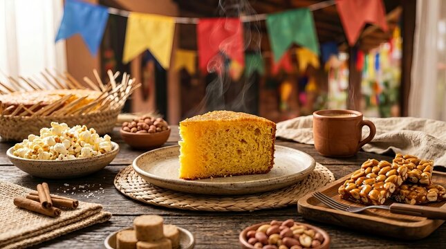 Traditional Steaming Corn Cake with Typical Snacks at a Brazilian Festa Junina Celebration