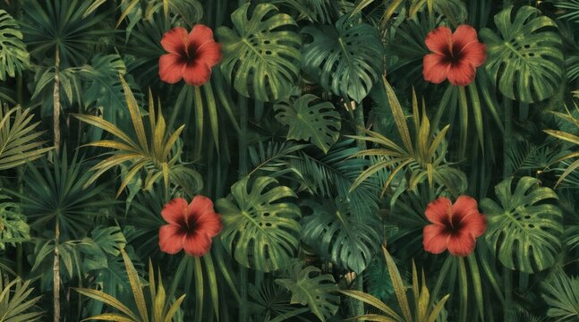 Dark jungle pattern with big green monstera leaves and red hibiscus flowers. Tropical foliage creates rich background texture. Exotic plants fill scene.