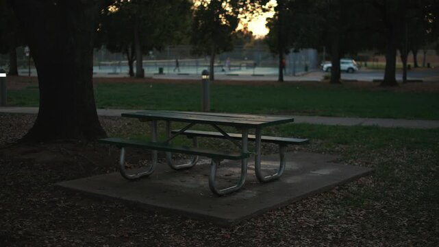 Empty park picnic table and benches in evening park, situated under large trees with a sports court and grass in the background, creating a calm atmosphere of a public outdoor relaxation space