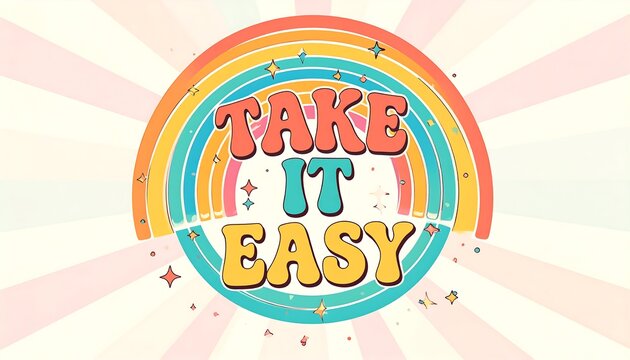 A retro-styled rainbow illustration featuring the phrase "TAKE IT EASY". Pastel hues and radiating lines create a vintage aesthetic