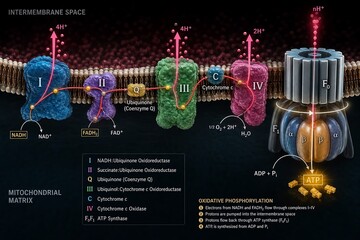 Fototapeta premium Mitochondrial inner membrane showing the electron transport chain complexes i-iv, mobile carriers, and atp synthase rotor, representing cellular respiration and oxidative phosphorylation