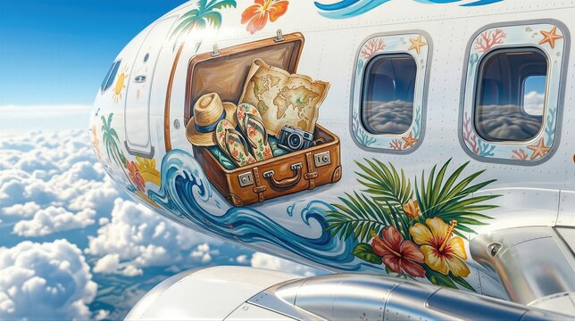 Airplane fuselage covered in summer vacation illustration of open suitcase with map and hat. Tropical travel concept with palm trees and ocean waves. Aerial view of aircraft in blue sky.