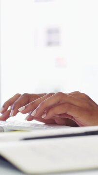 Face, woman or typing on computer in office for bookkeeping, auditing experience or about us. Accountant, person or happy with tech at firm for financial reporting, payroll processing or career pride