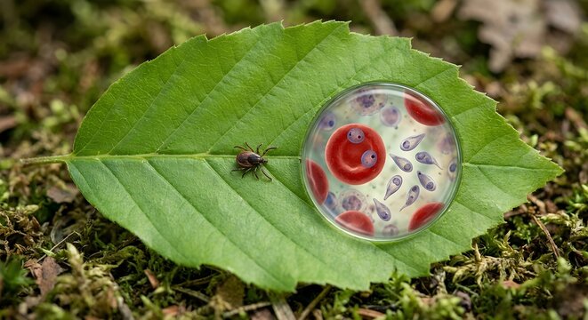 Tick (ixodes species) resting on a green leaf with a magnified inset of babesia parasites inside red blood cells, representing tick-borne babesiosis and piroplasm transmission