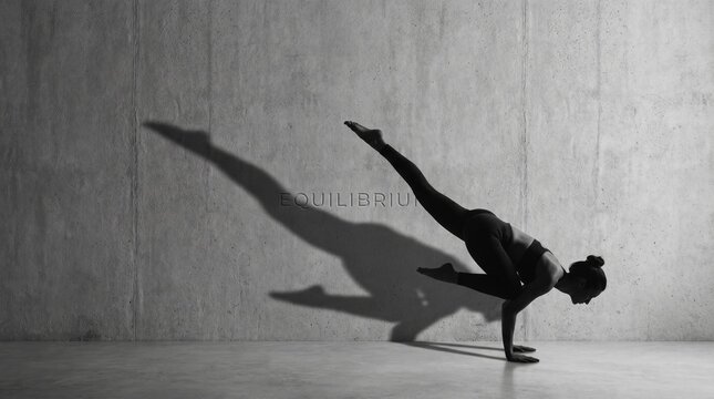 Woman performs yoga pose in monochrome setting with dramatic shadow on wall