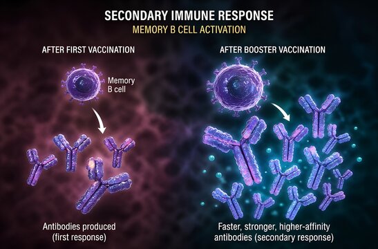 Medical illustration showing memory b cell rapid activation upon second exposure to antigen, leading to plasma cells and high-affinity antibody production, representing vaccine-induced immunity