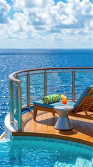 Naklejka premium Cruise ship balcony with lounge chair and cocktail drink overlooking blue ocean. Luxury summer vacation on water. Relaxing travel lifestyle, seaside resort view and holiday escape.
