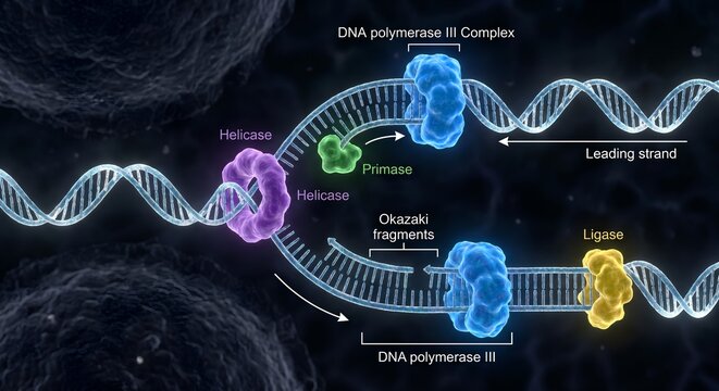 Colorful molecular diagram of dna replication machinery, featuring helicase, primase, and dna polymerase iii working at the replication fork, perfect for biology education