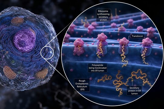 Cross-section of a eukaryotic cell highlighting rer membrane studded with ribosomes translating mrna into polypeptide chains, perfect for biology textbooks and science education