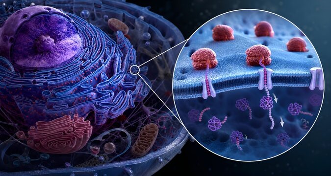 Detailed 3d illustration of rough endoplasmic reticulum with bound ribosomes synthesizing proteins for secretion, representing cellular biology and protein production