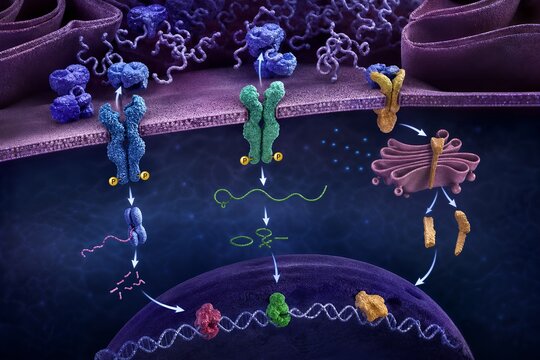 Detailed diagram of the unfolded protein response (upr) showing bip chaperones, perk, ire1, and atf6 signaling cascades in the er membrane, representing cellular stress adaptation