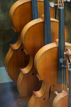 Row of wooden violins in a music shop window